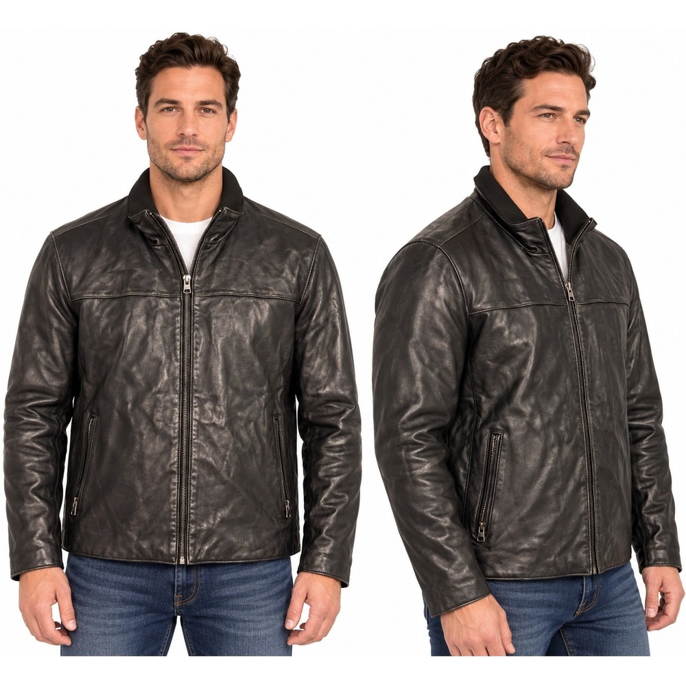 Marc New York Andrew Marc Mens XXL Black Leather Jacket Full Zip Quilted Lining